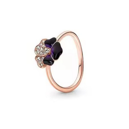 Bague fleur noire violette strass blanc or rose