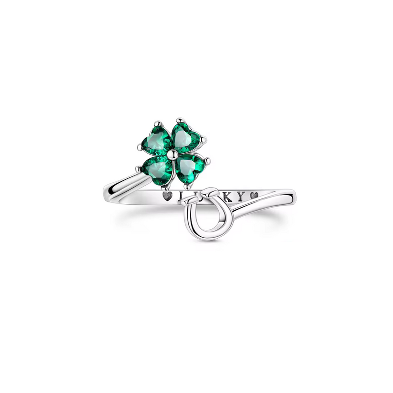 Bague trèfle strass vert fer à cheval argent