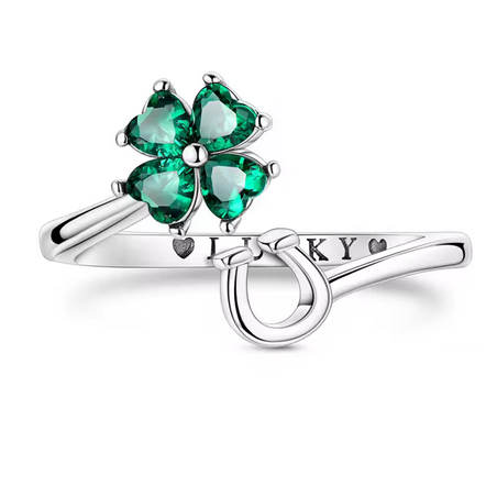 Bague trèfle strass vert fer à cheval argent