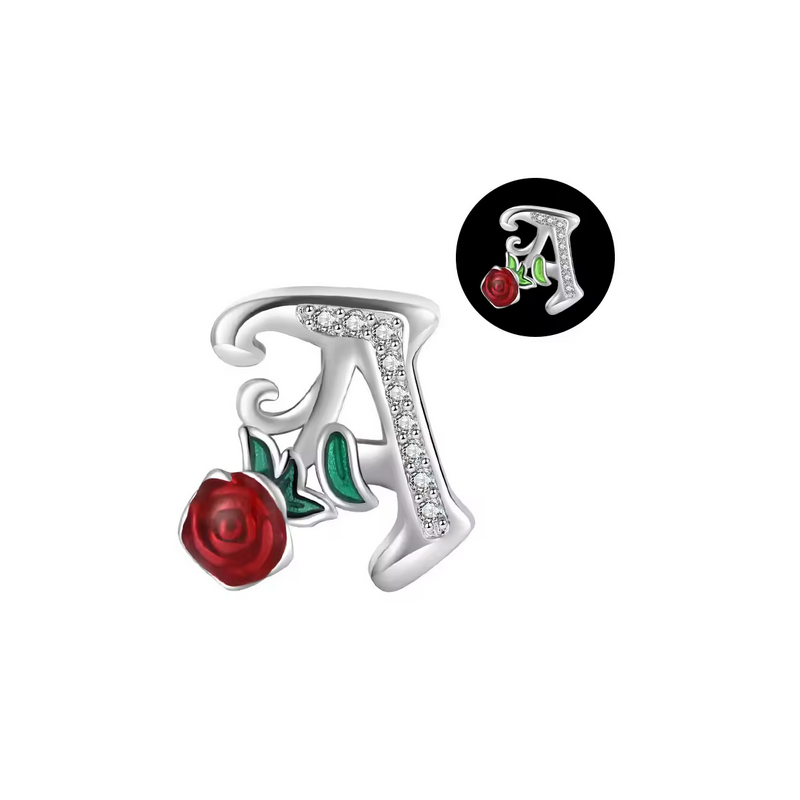 Charm lettre alphabet phosphorescent fleurs argent pour bracelet