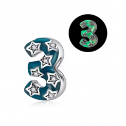 Charm age anniversaire 3 trois phosphorescent bleu strass argent pour bracelet