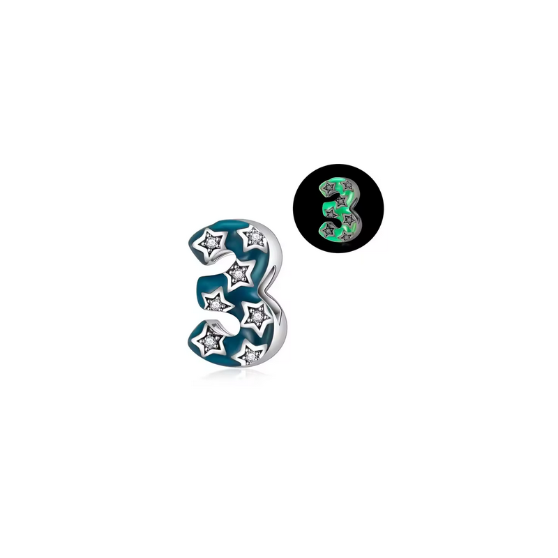 Charm age anniversaire 3 trois phosphorescent bleu strass argent pour bracelet