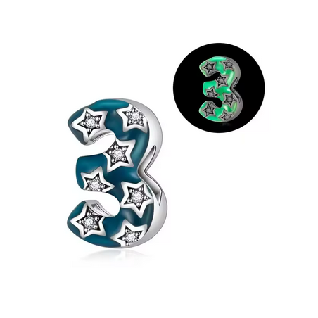 Charm age anniversaire 3 trois phosphorescent bleu strass argent pour bracelet