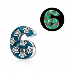 Charm age anniversaire 6 six phosphorescent bleu strass argent pour bracelet