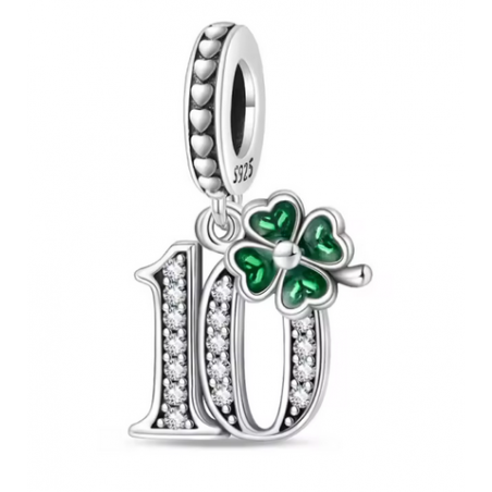 Charm age anniversaire 10 dix trèfle strass argent pour bracelet