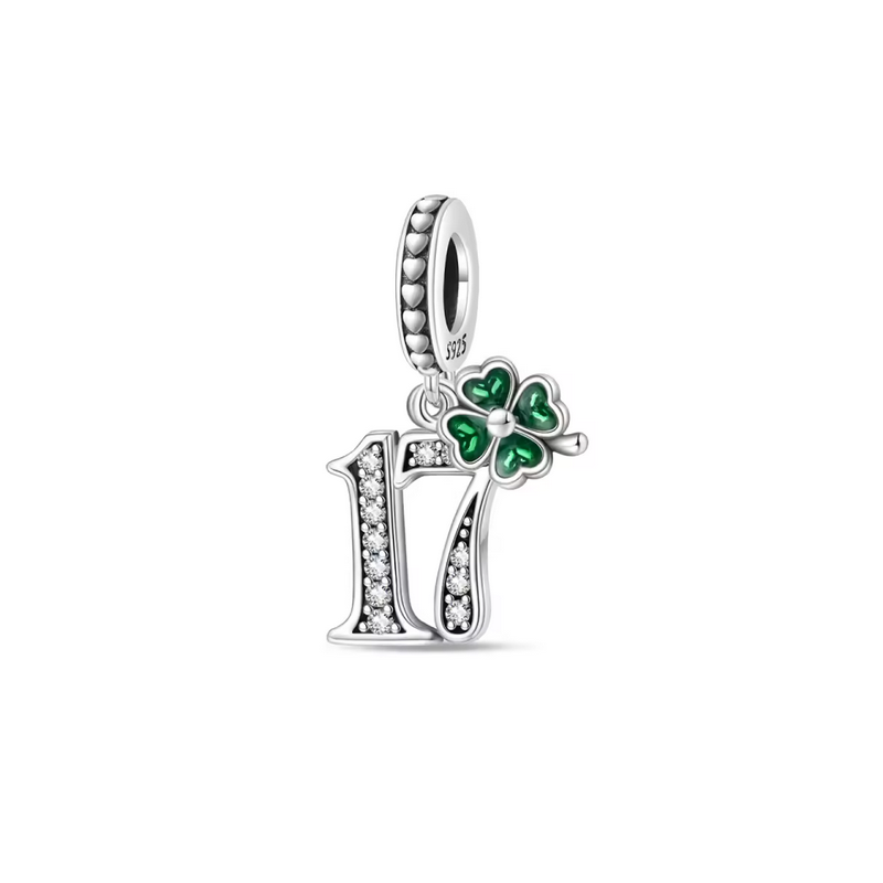 Charm age anniversaire 17 dix-sept trèfle strass argent pour bracelet