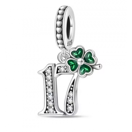 Charm age anniversaire 17 dix-sept trèfle strass argent pour bracelet