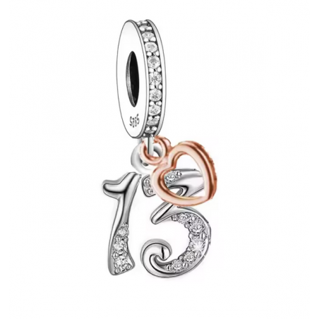 Charm age anniversaire 13 treize coeur or rose strass argent pour bracelet