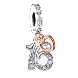 Charm age anniversaire 16 seize coeur or rose strass argent pour bracelet