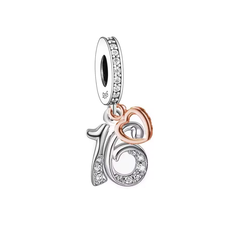 Charm age anniversaire 16 seize coeur or rose strass argent pour bracelet Charm age anniversaire 16 seize coeur or rose strass argent pour bracelet