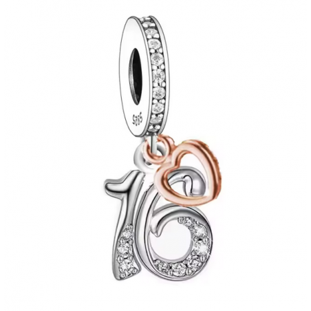 Charm age anniversaire 16 seize coeur or rose strass argent pour bracelet
