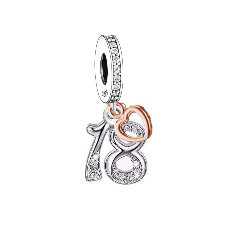 Charm age anniversaire 18 dix-huit coeur or rose strass argent pour bracelet