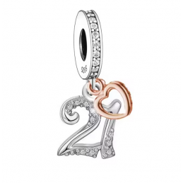 Charm age anniversaire 21 vingt et un coeur or rose strass argent pour bracelet