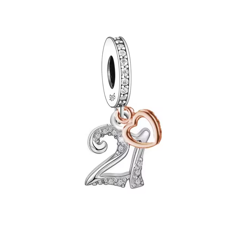 Charm age anniversaire 21 vingt et un coeur or rose strass argent pour bracelet