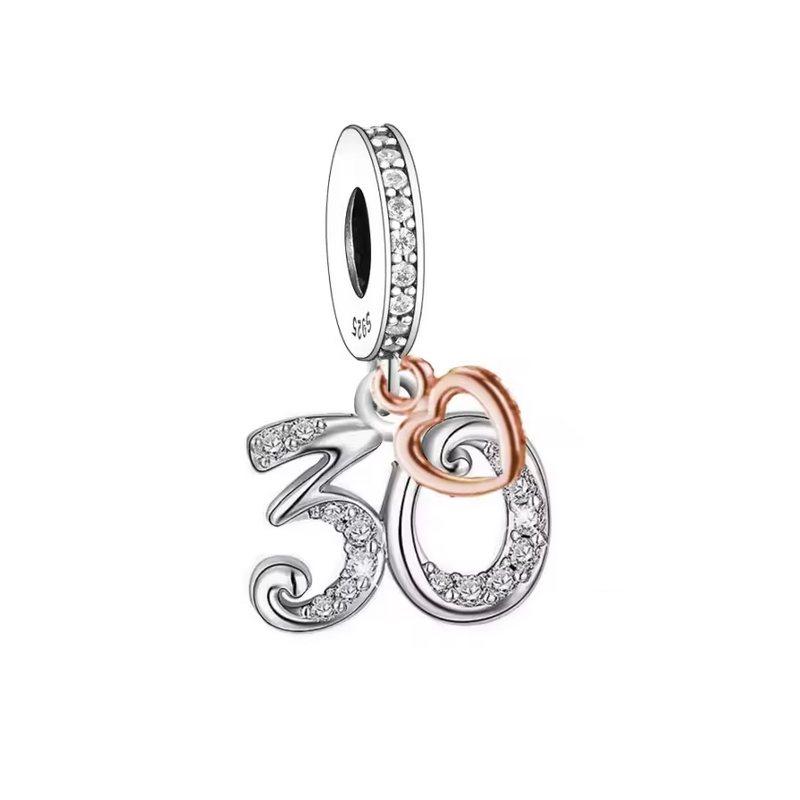 Charm age anniversaire 30 trente coeur or rose strass argent pour bracelet Charm age anniversaire 30 trente coeur or rose strass argent pour bracelet