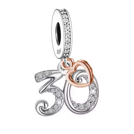 Charm age anniversaire 30 trente coeur or rose strass argent pour bracelet