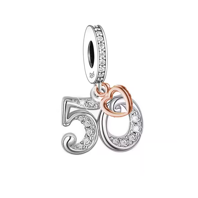 Charm age anniversaire 50 cinquante coeur or rose strass argent pour bracelet