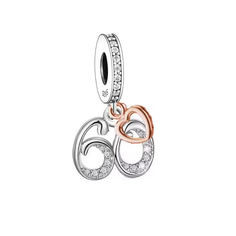 Charm age anniversaire 60 soixante coeur or rose strass argent pour bracelet