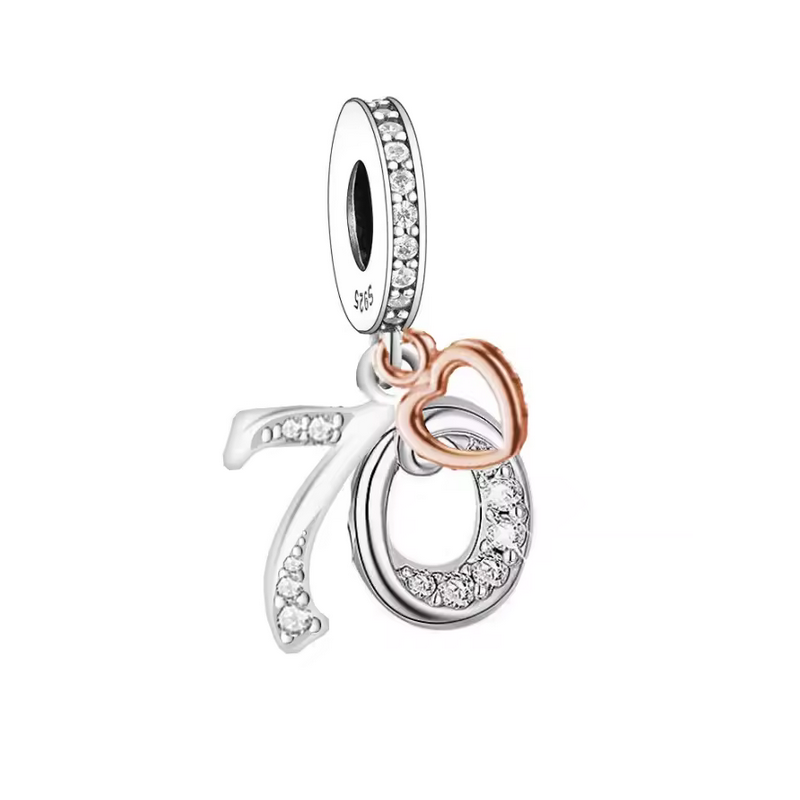 Charm age anniversaire 70 soixante-dix coeur or rose strass argent pour bracelet