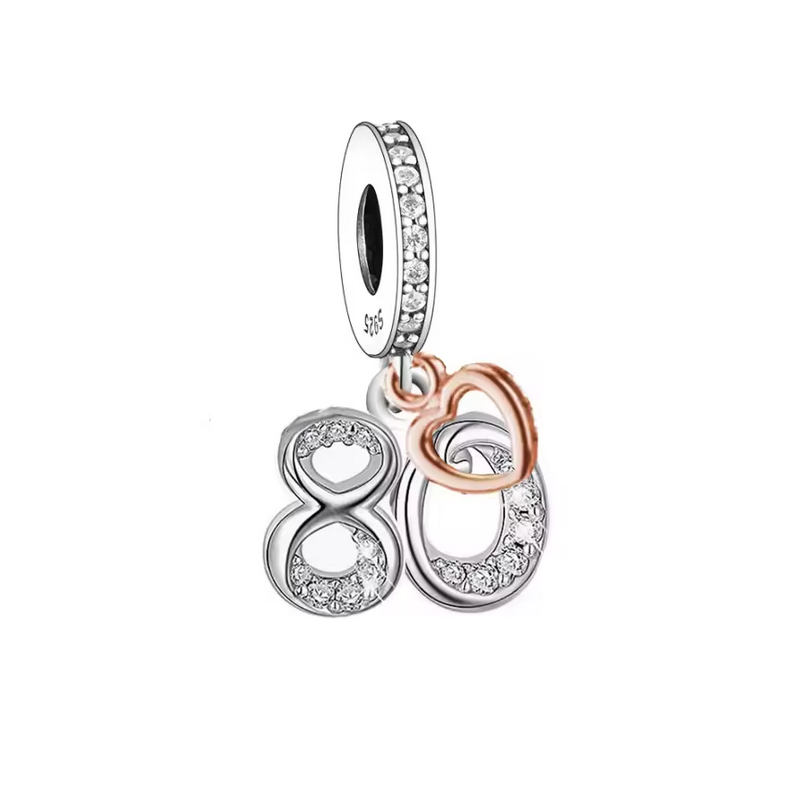 Charm age anniversaire 80 quatre-vingt coeur or rose strass argent pour bracelet