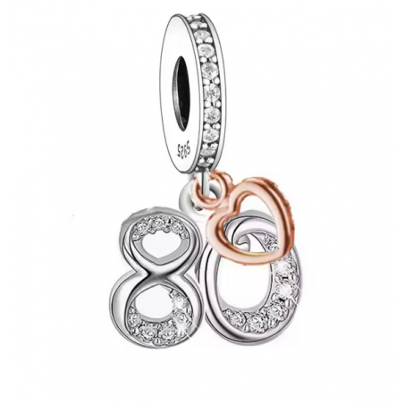 Charm age anniversaire 80 quatre-vingt coeur or rose strass argent pour bracelet