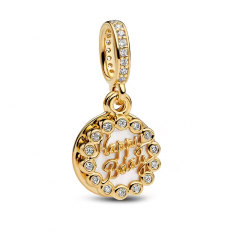 Charm rond joyeux anniversaire strass blanc or pour bracelet