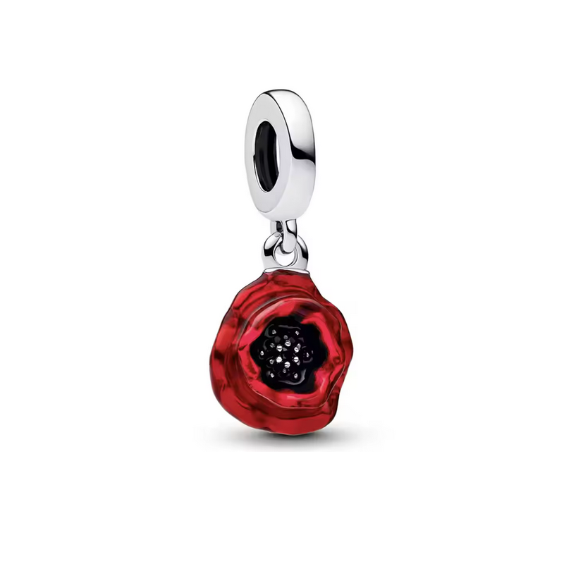 Charm coquelicot fleur rouge noir argent pour bracelet