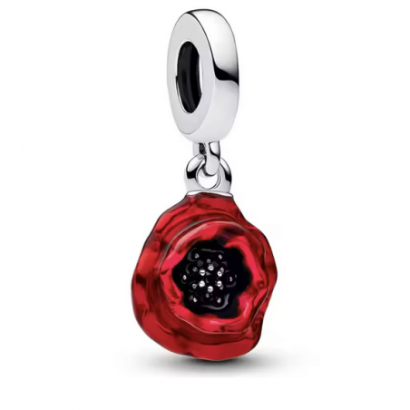 Charm coquelicot fleur rouge noir argent pour bracelet