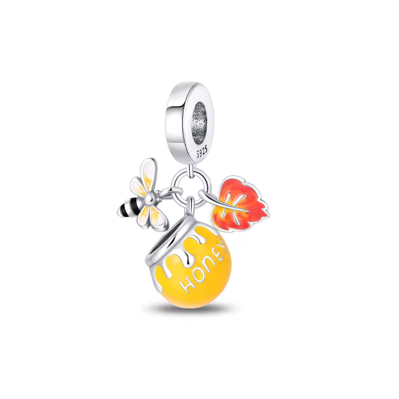 Charm pot miel abeille feuille orange automne argent pour bracelet