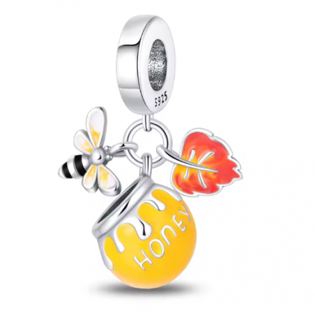 Charm pot miel abeille feuille orange automne argent pour bracelet