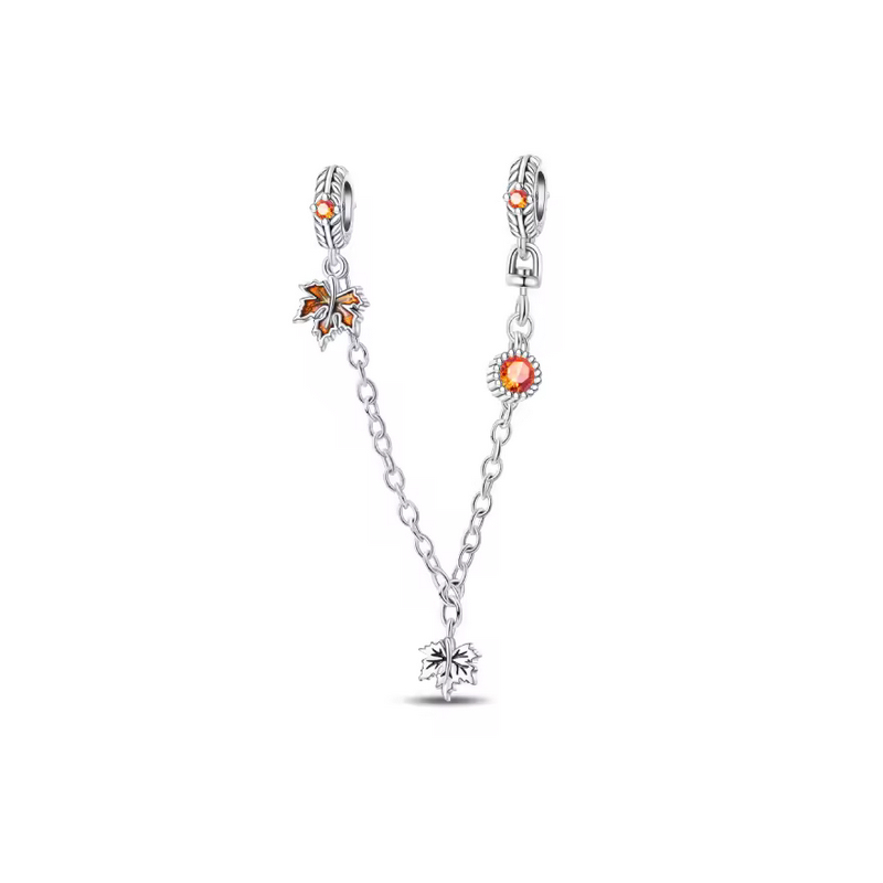 Charm chaine strass feuille orange automne argent pour bracelet