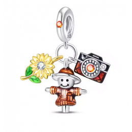 Charm épouvantail tournesol appareil photo automne argent pour bracelet