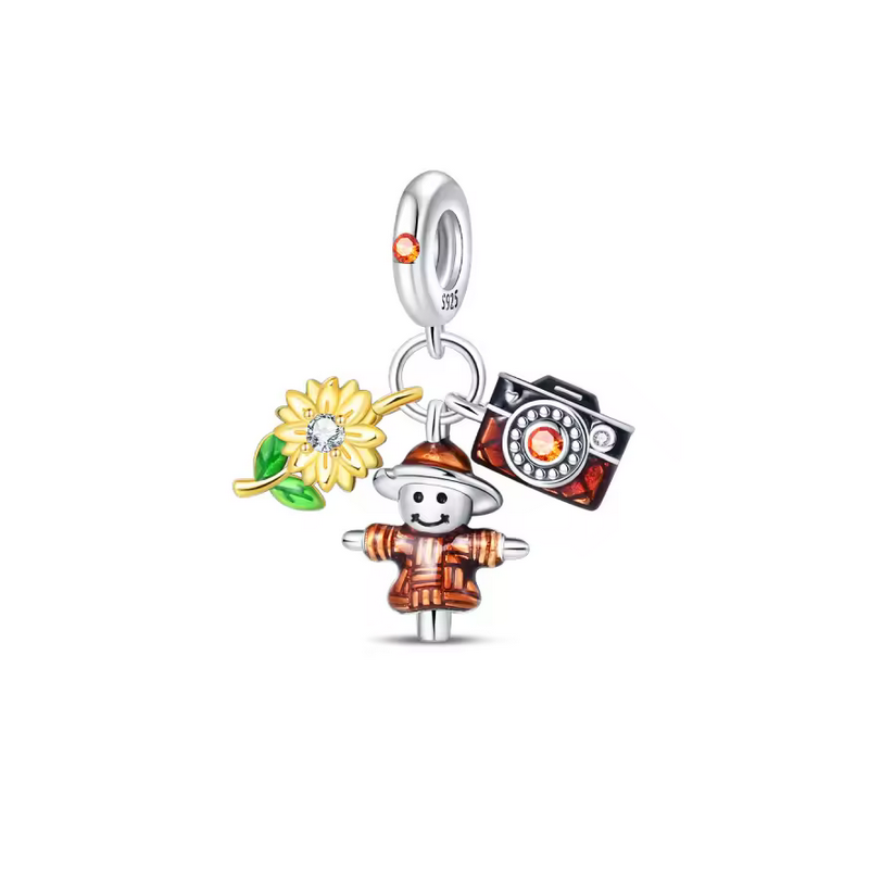 Charm épouvantail tournesol appareil photo automne argent pour bracelet
