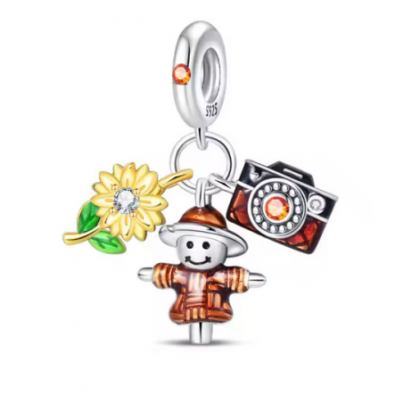Charm épouvantail tournesol appareil photo automne argent pour bracelet