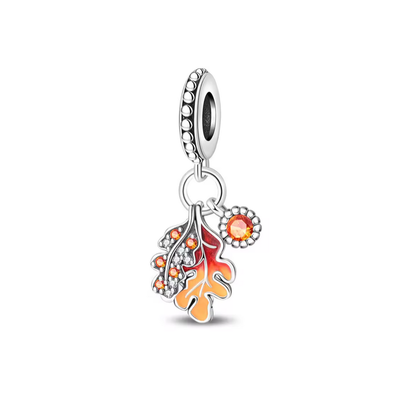 Charm feuille chêne strass orange automne argent pour bracelet