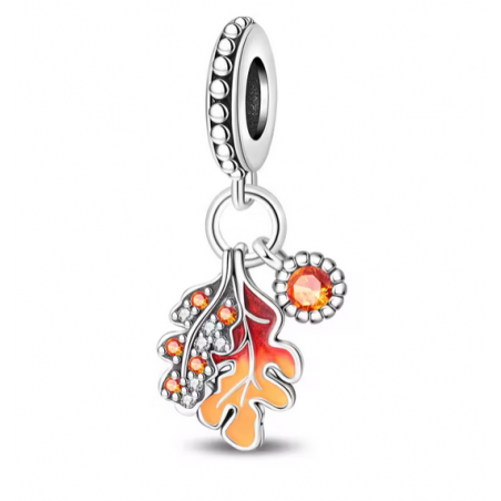 Charm feuille chêne strass orange automne argent pour bracelet