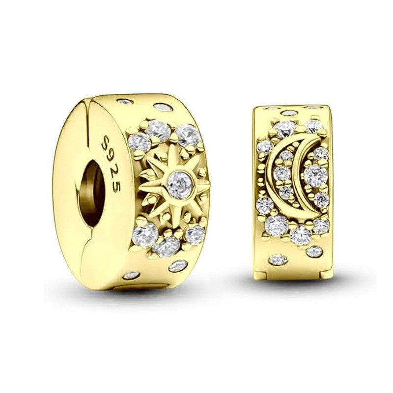Charm séparateur clip soleil lune strass or pour bracelet argent