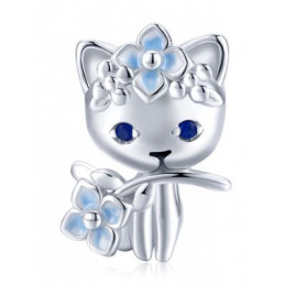 Charm chat fleur bleu argent pour bracelet