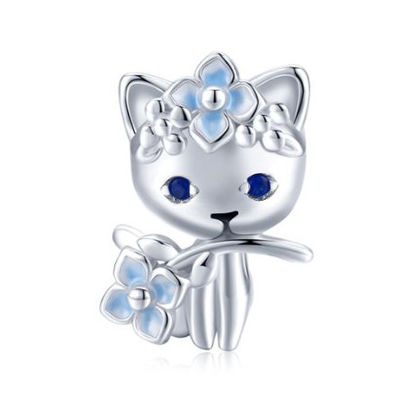 Charm chat fleur bleu argent pour bracelet