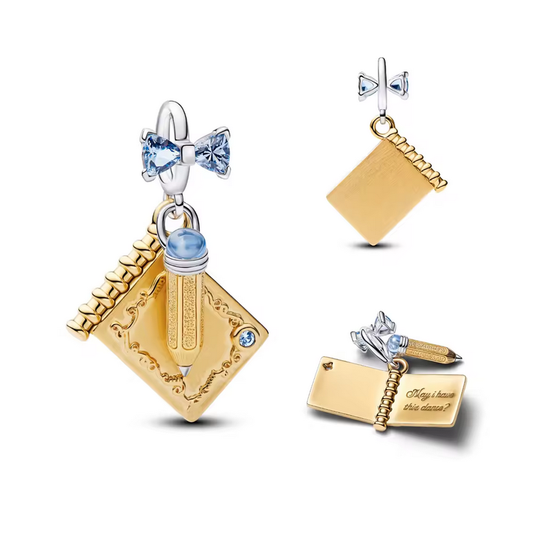 Charm carnet crayon noeud bleu bridgerton argent pour bracelet