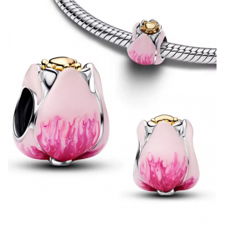 Charm fleur tulipe rose bridgerton coeur or argent pour bracelet