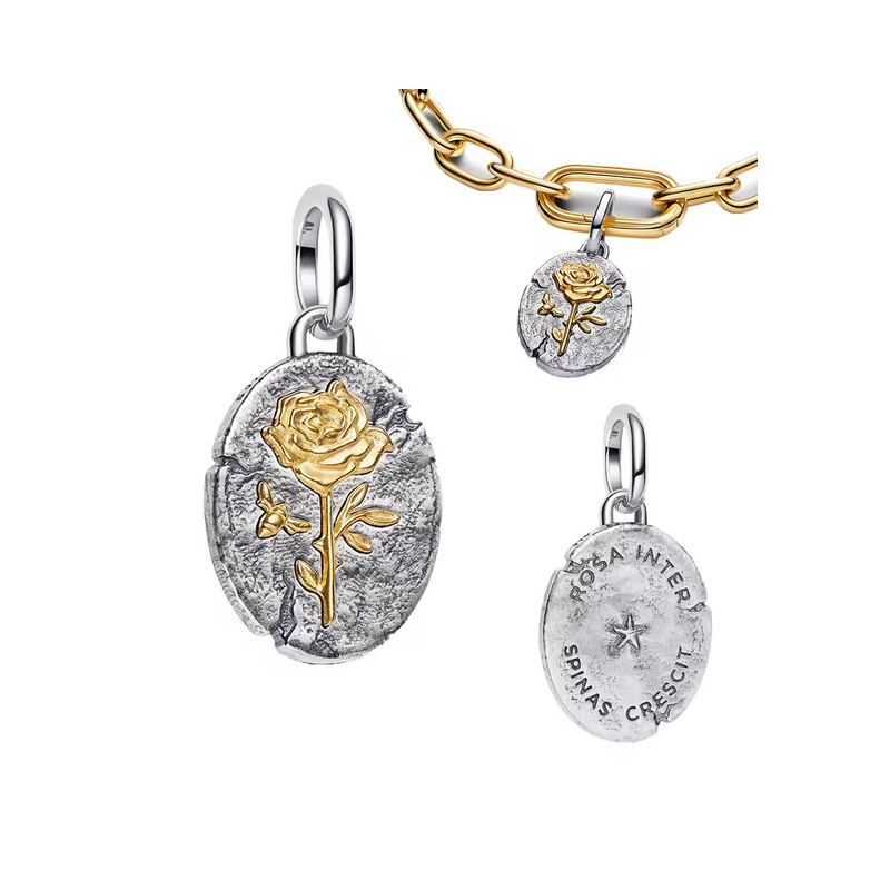 Charm rond rose talisman or argent pour bracelet