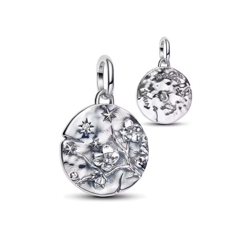 Charm rond fleur de cerisier talisman argent pour bracelet