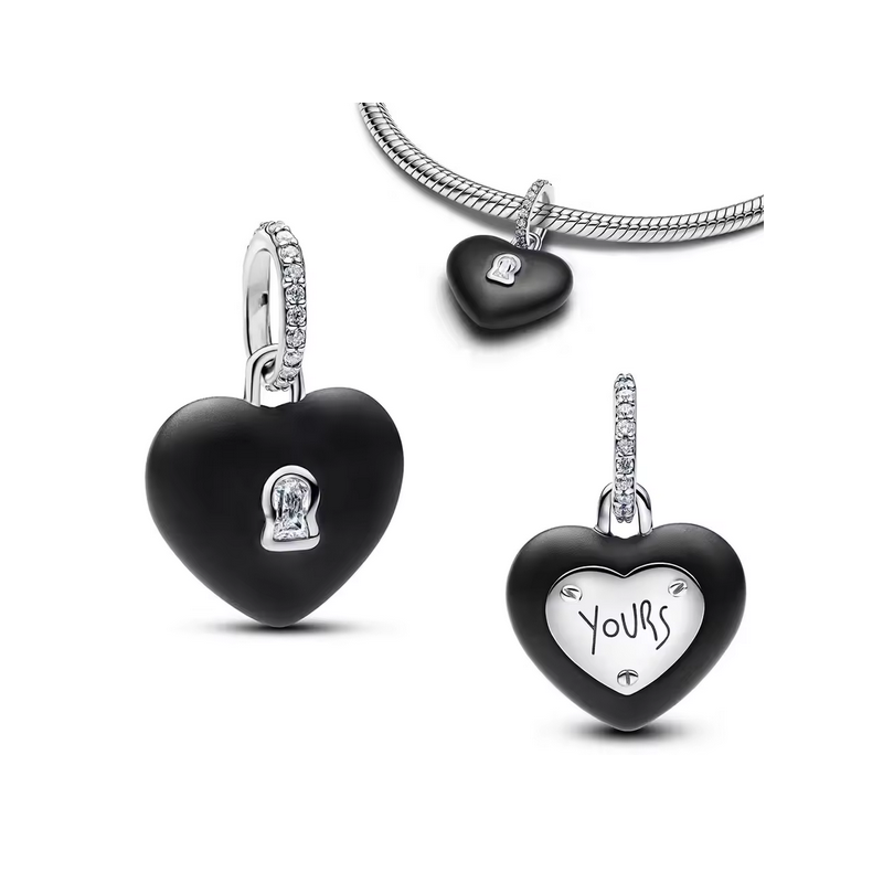 Charm coeur noir mat serrure bridgerton argent pour bracelet