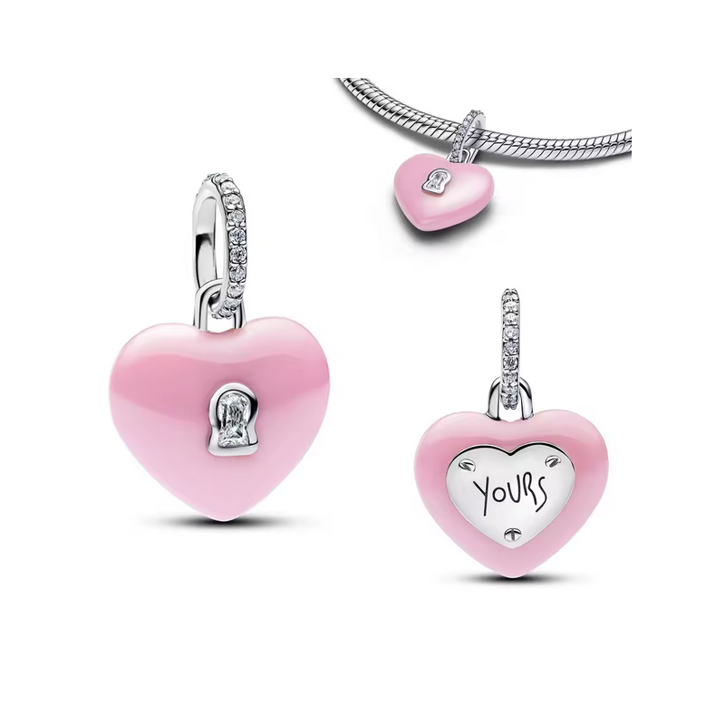 Charm coeur rose mat serrure bridgerton argent pour bracelet