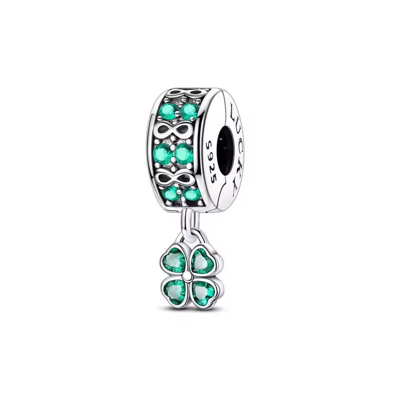 Charm séparateur clip infini trèfle strass vert argent pour bracelet