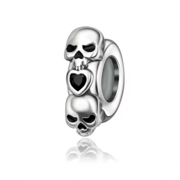 Charm séparateur bloqueur tête de mort coeur noir argent pour bracelet