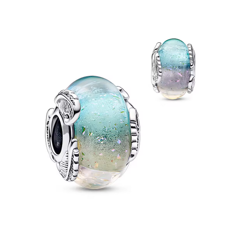 Charm murano bleu blanc nacré plume argent pour bracelet