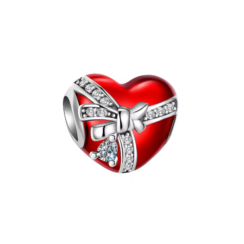 Charm coeur ruban noeud cadeau strass blanc argent pour bracelet