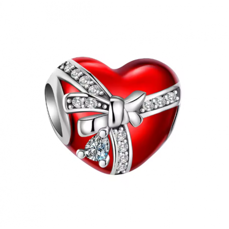 Charm coeur ruban noeud cadeau strass blanc argent pour bracelet